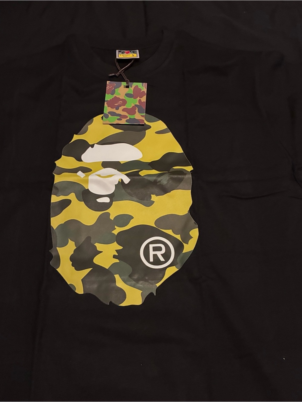 Bape Black Tee with Yellow & Green Camo Ape Head Graphic